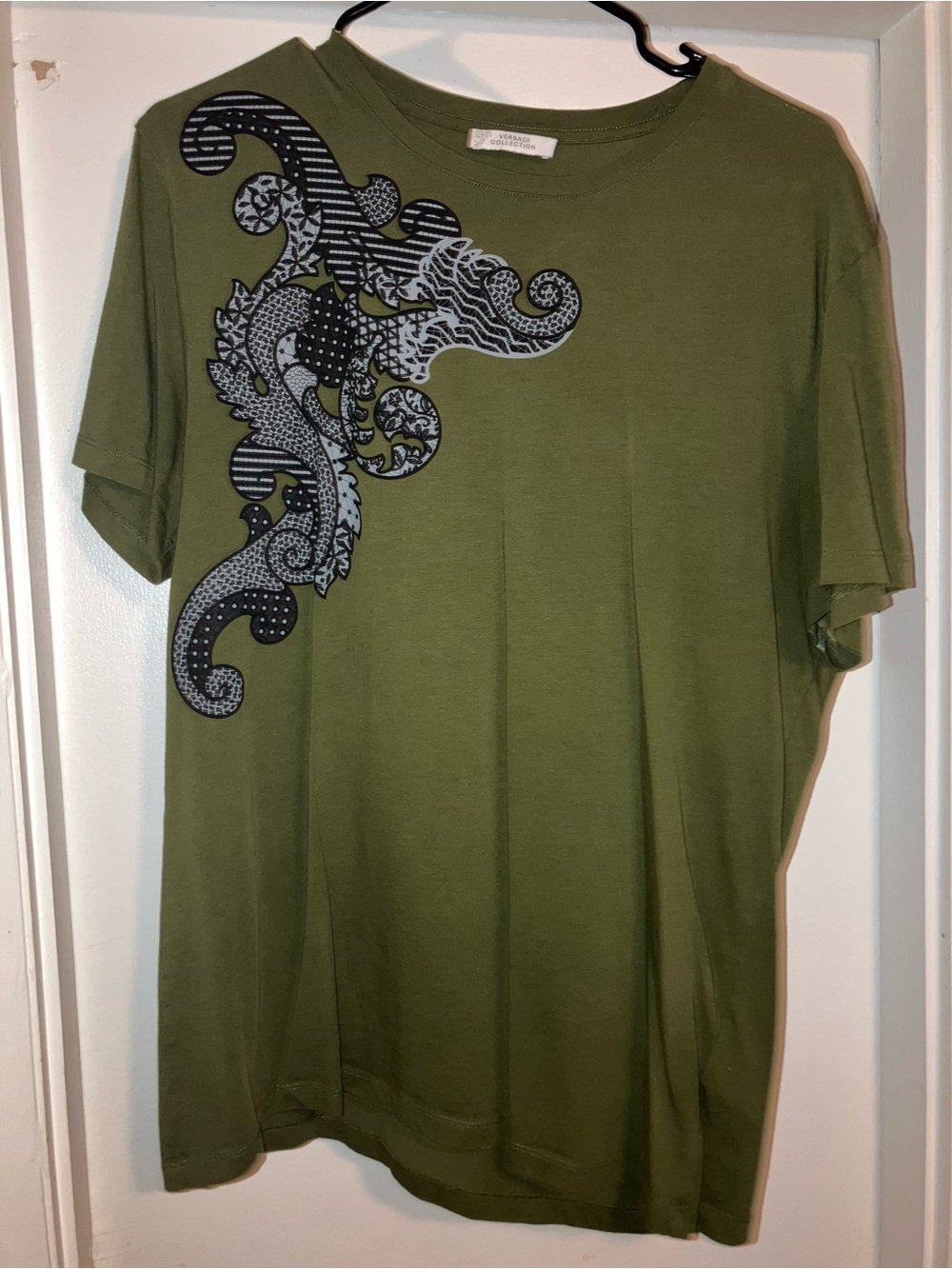 Versace Olive Green Short Sleeve Tee with Ornamental Black Graphic